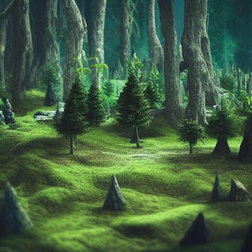 Detailed Miniature Forest Camp in Dark Fantasy Style