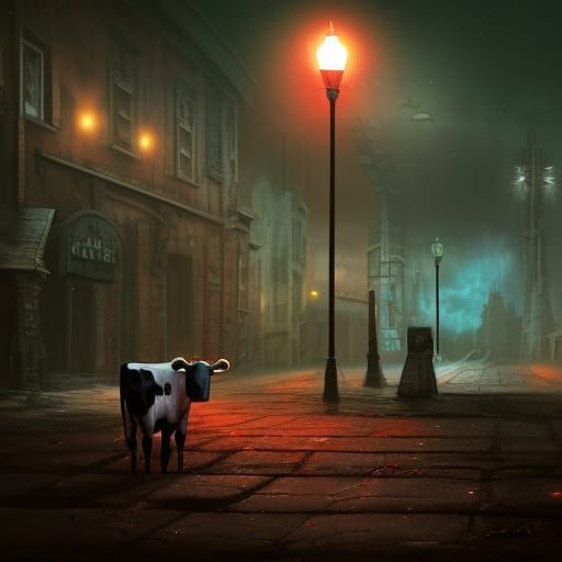 Zombie Cow Under Streetlight: Detailed Matte Painting