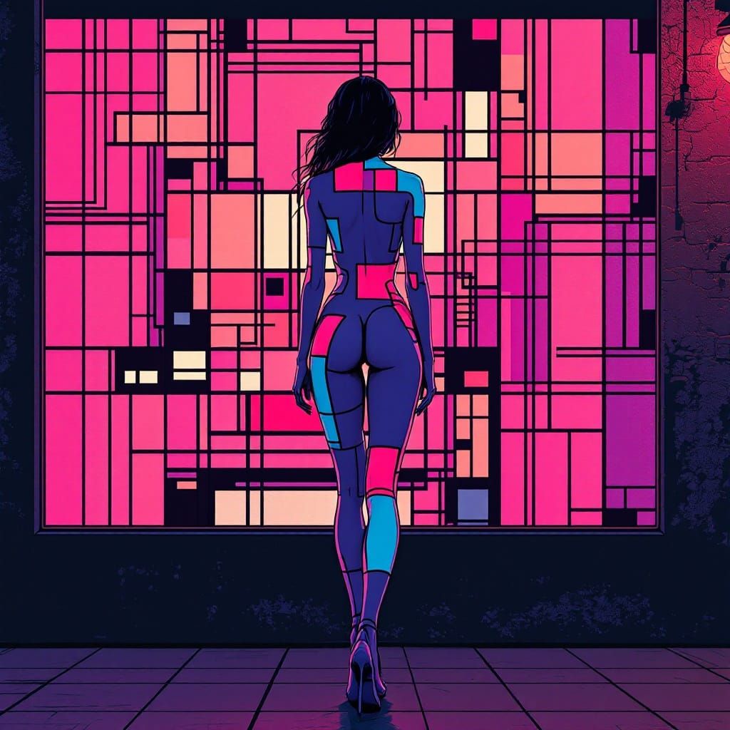 Geometric Fusion: Woman in Retro-Futurist Cyberpunk Style