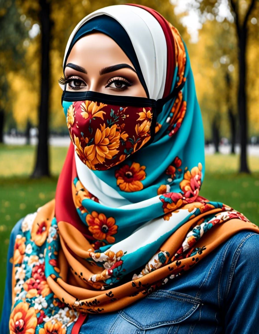 Charming Hijabi with Face Mask in Watercolor Pop Art