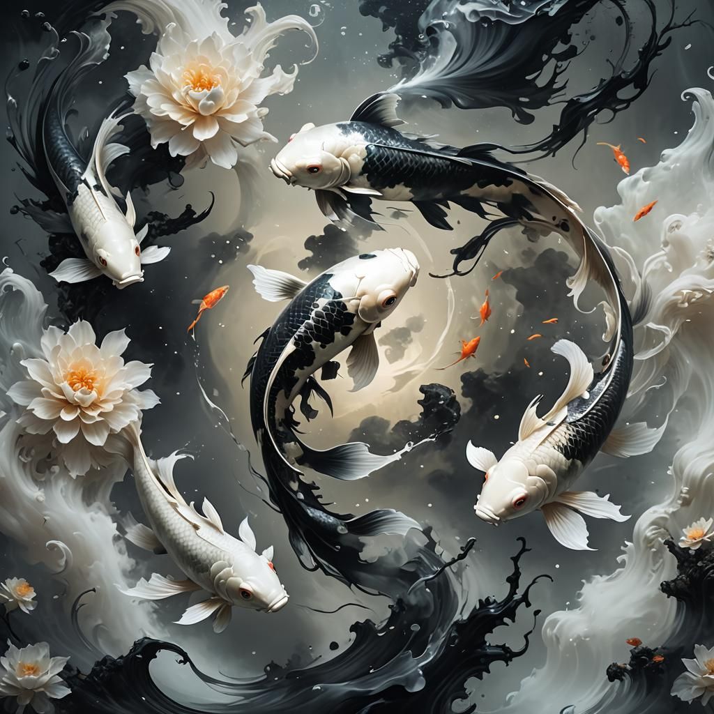 Yin Yang Koi Fish in Mystic Fog, Digital Art