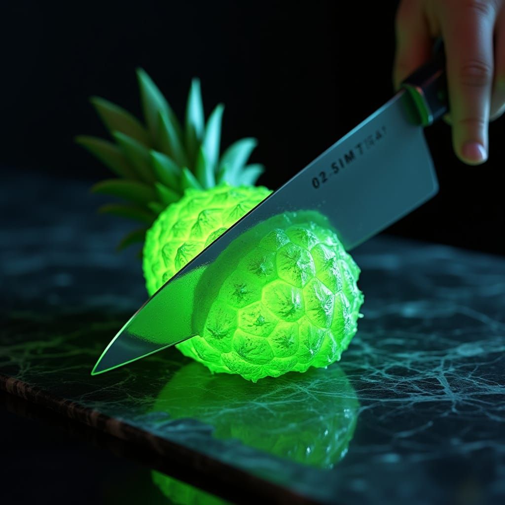 Slicing a Neon Crystal Pineapple: Hyper-Realistic Close-Up