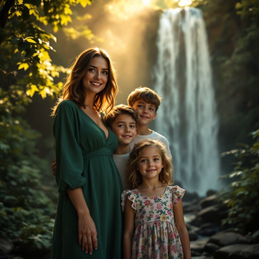 Mother and Children in Lush Forest, Golden Light