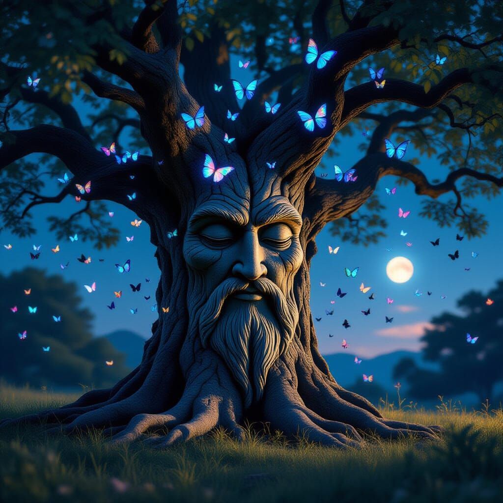 Ancient Tree Face with Stained Glass Butterflies in Nebula L...