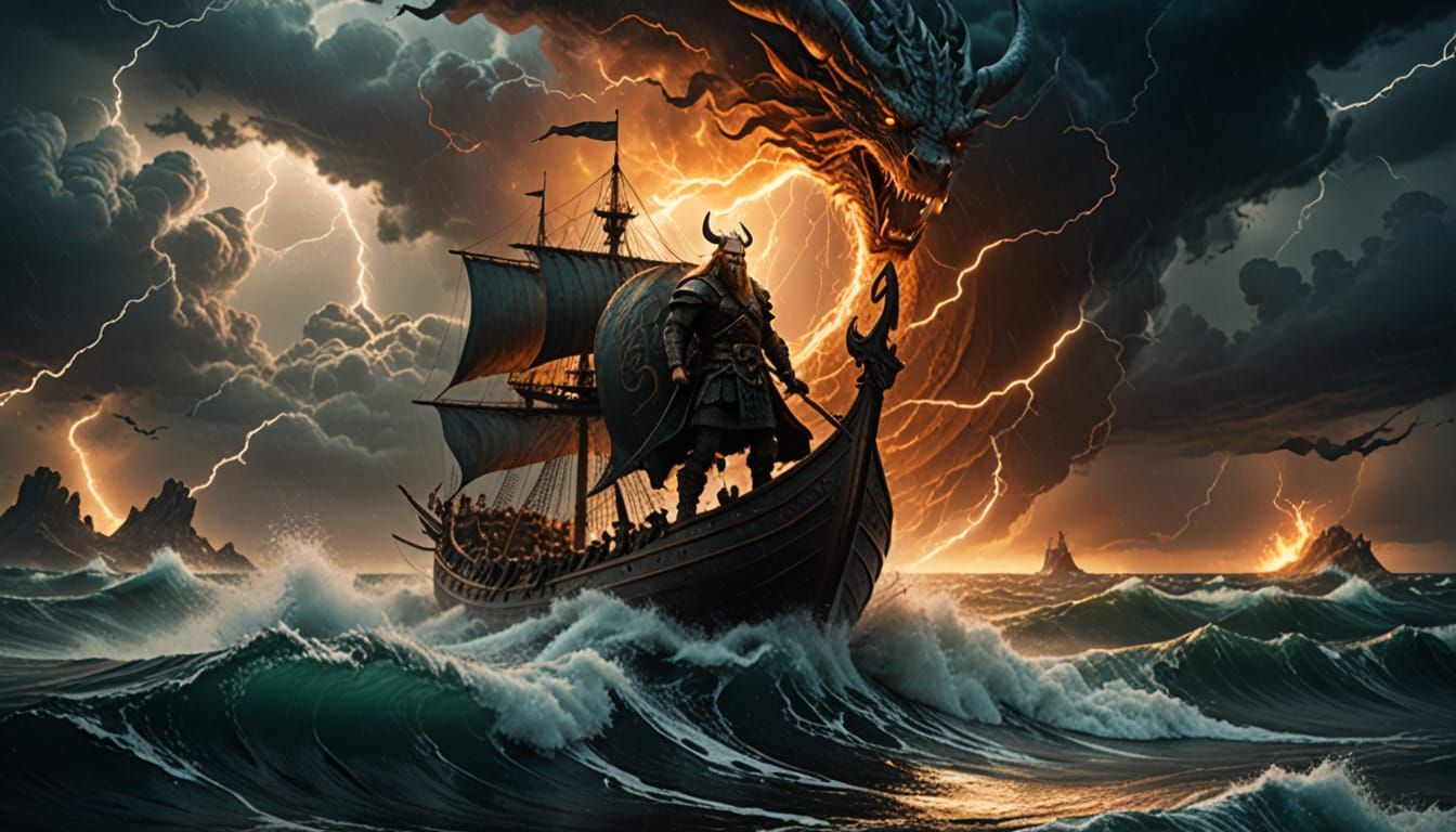 Viking Warrior Sails Through Stormy Seas in a Dragon-Headed ...