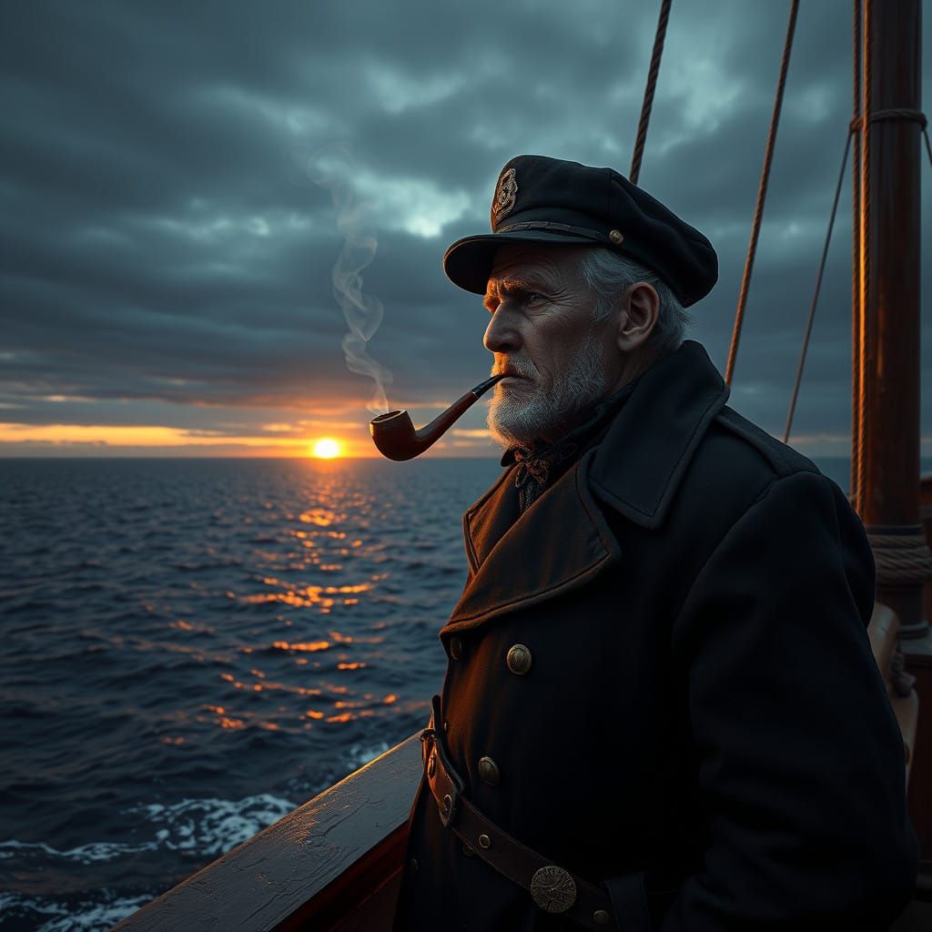 Weathered Captain Stands at the Helm of a Vessel