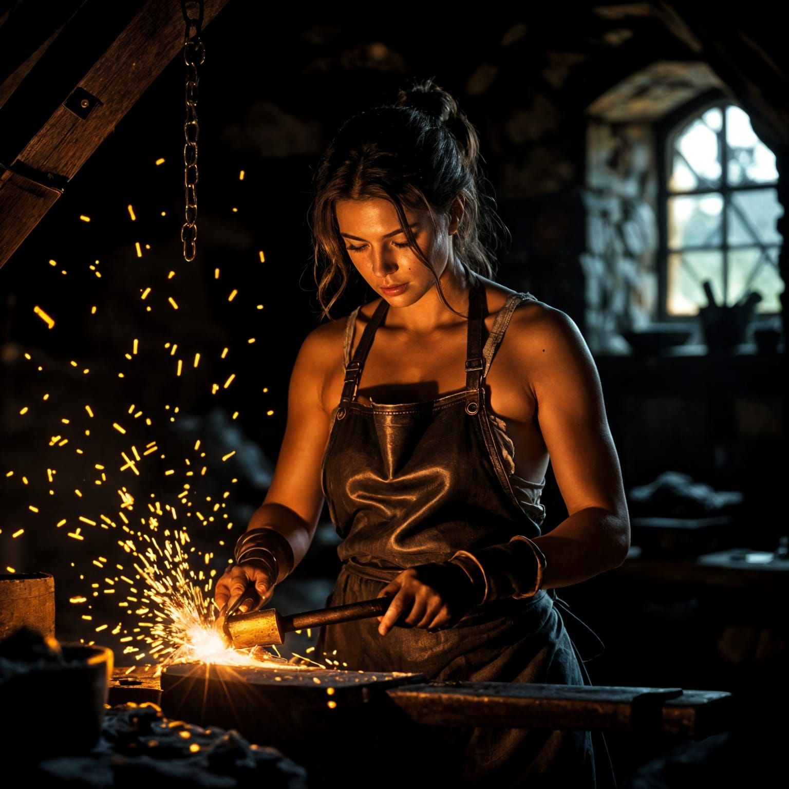 Medieval Blacksmith in Forge, Caravaggio Style