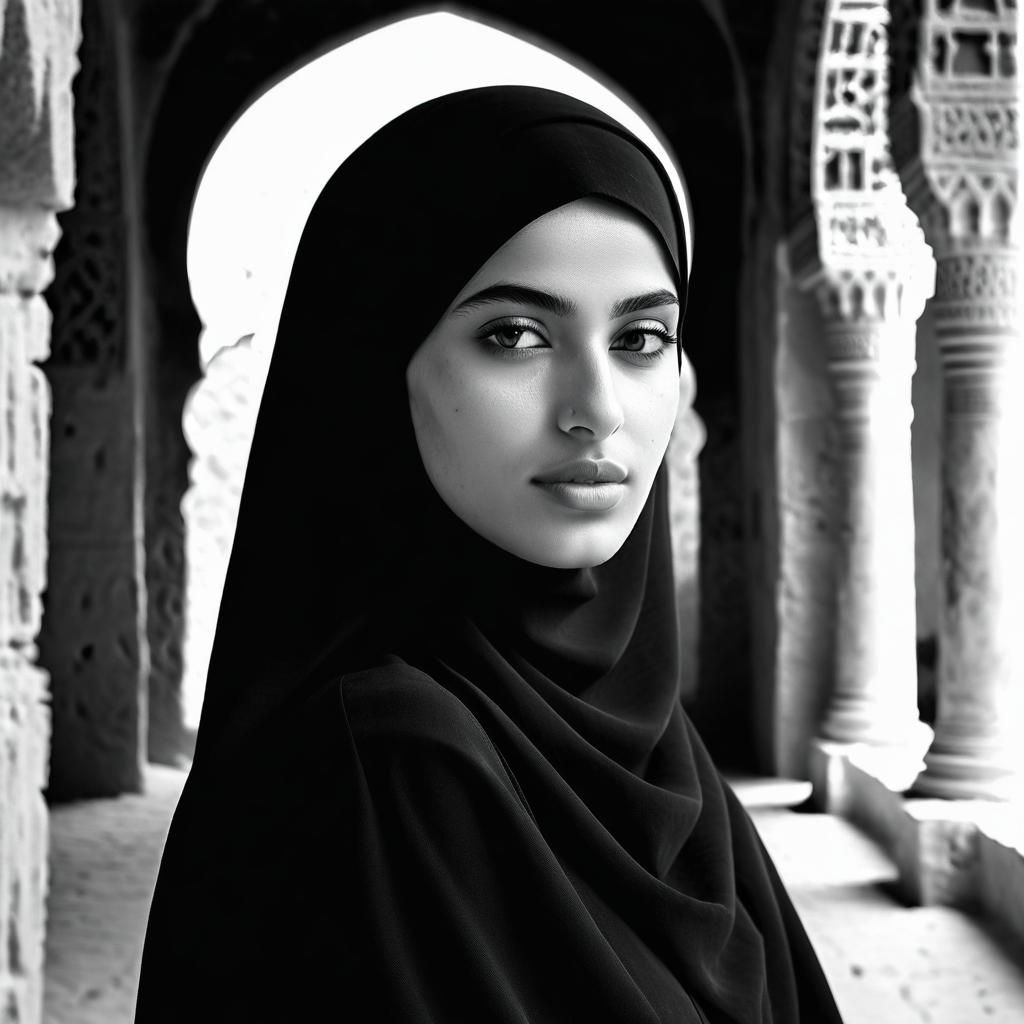 Black and White Portrait: Hijabi Girl in Ancient Building