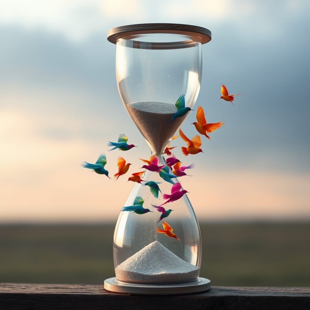 Fleeting Time Transforms into Rainbow Birds in an Hourglass