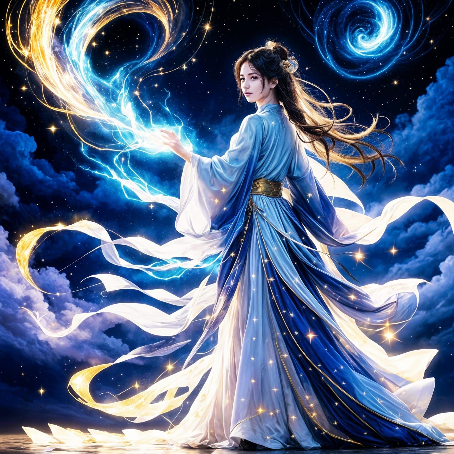 Starborn Oracle in Lightning Hanfu Amidst Cosmic Nebula