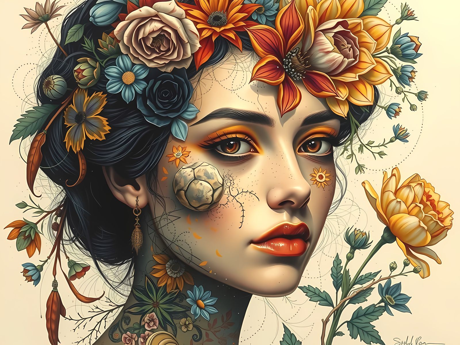 Surrealist Floral Face Painting in O'Keeffe Style