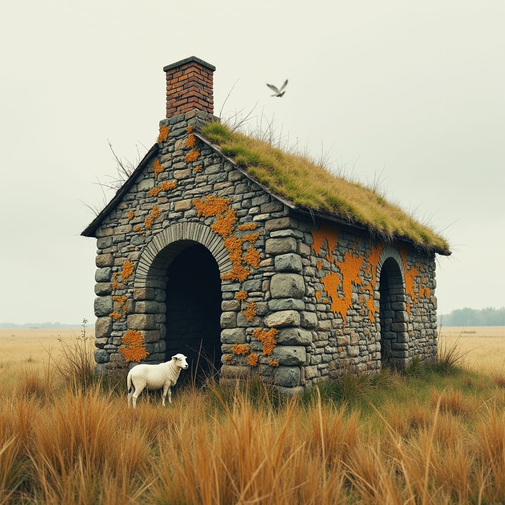 Derelict Bothy in Field: Watercolor and Alcohol Ink