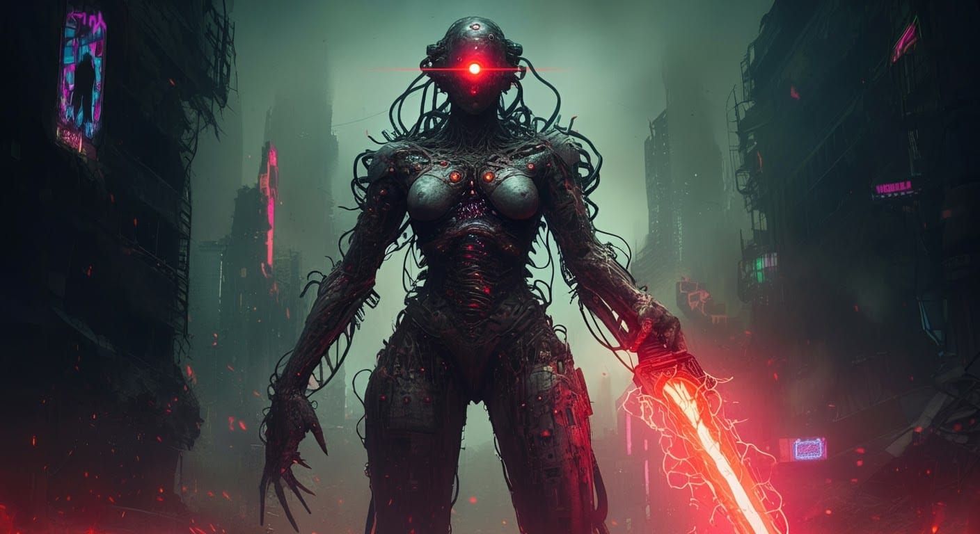 Cybernetic Entity in Dystopian Cityscape, Film Noir