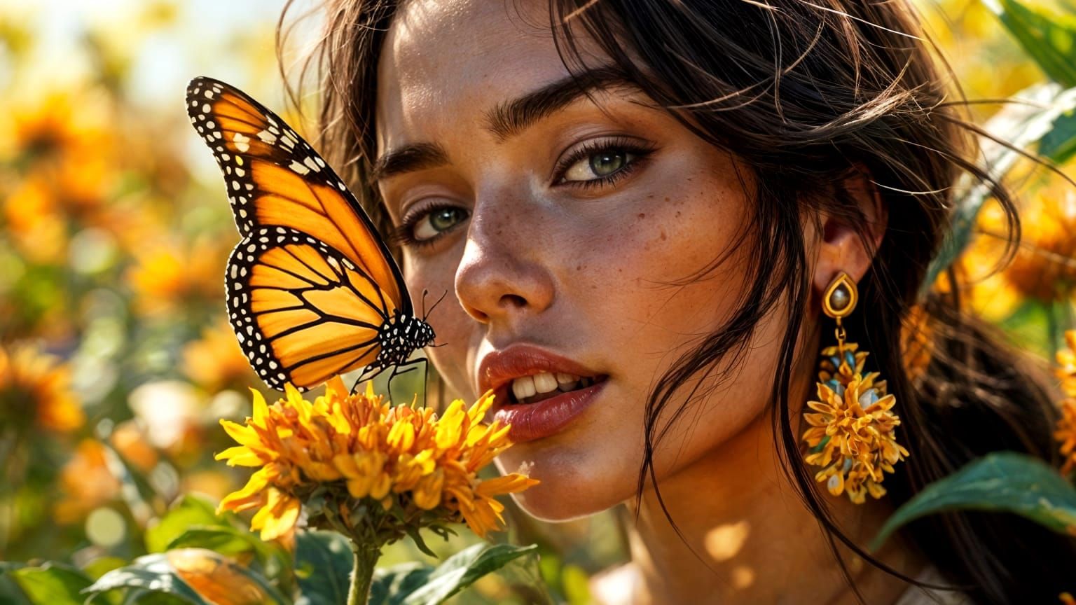 A beautiful girl and a beautiful Monarch butterfly.