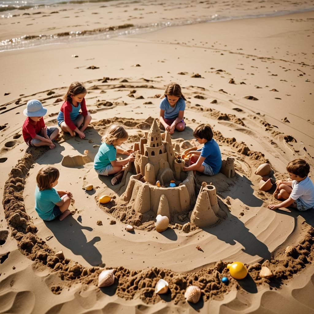 Children Building Sandcastle on Sunny Beach