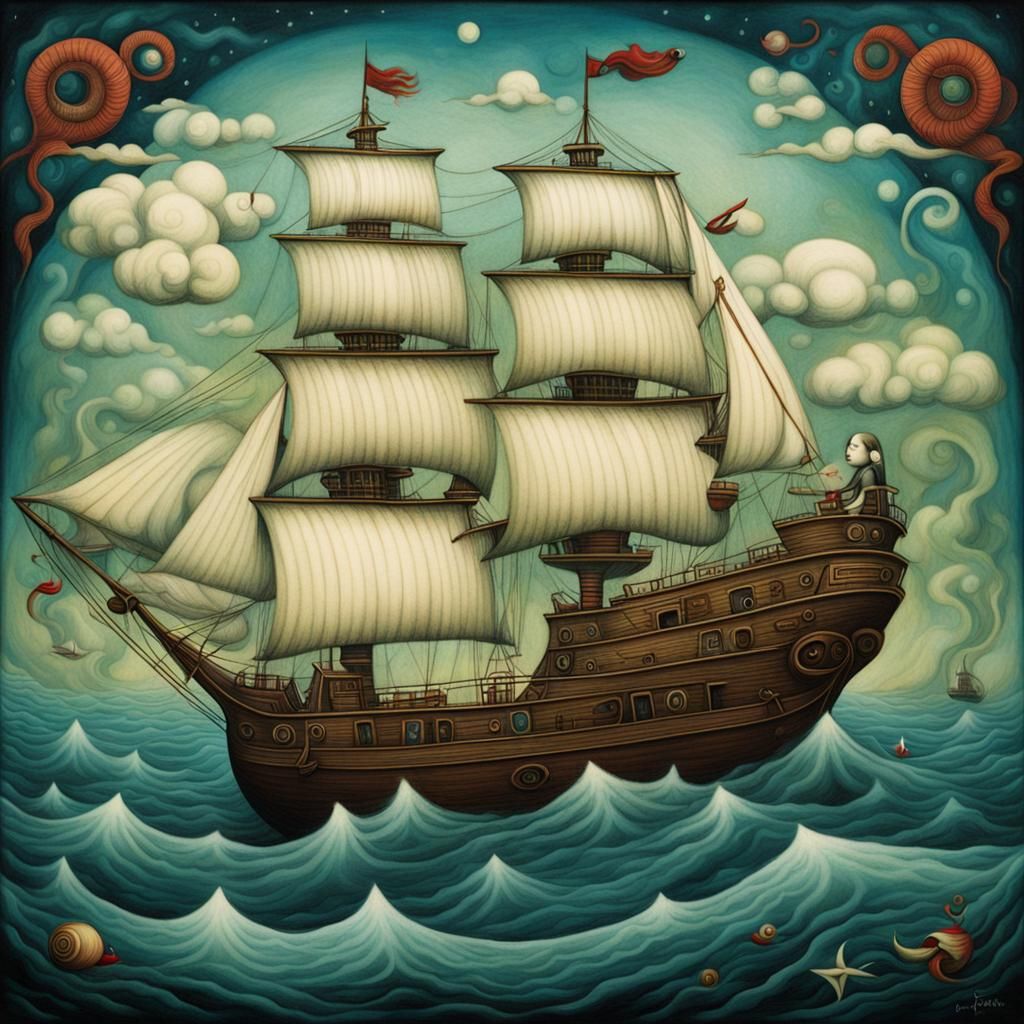 Fantastic Ship at Sea in Illustrative Style