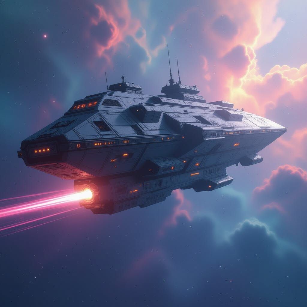 Derelict Spacecraft Drifting Through Nebula in Futuristic St...