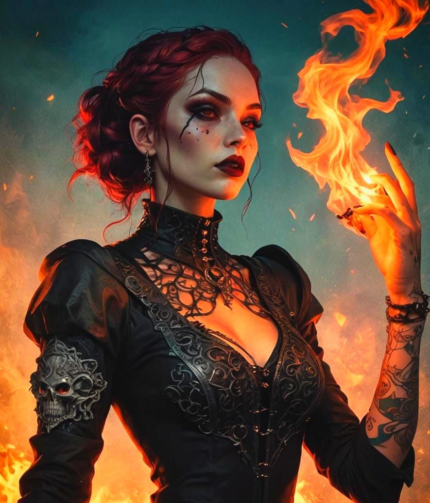 Gothic. Hyper realistic. She has, wavy, black and red hair. ...