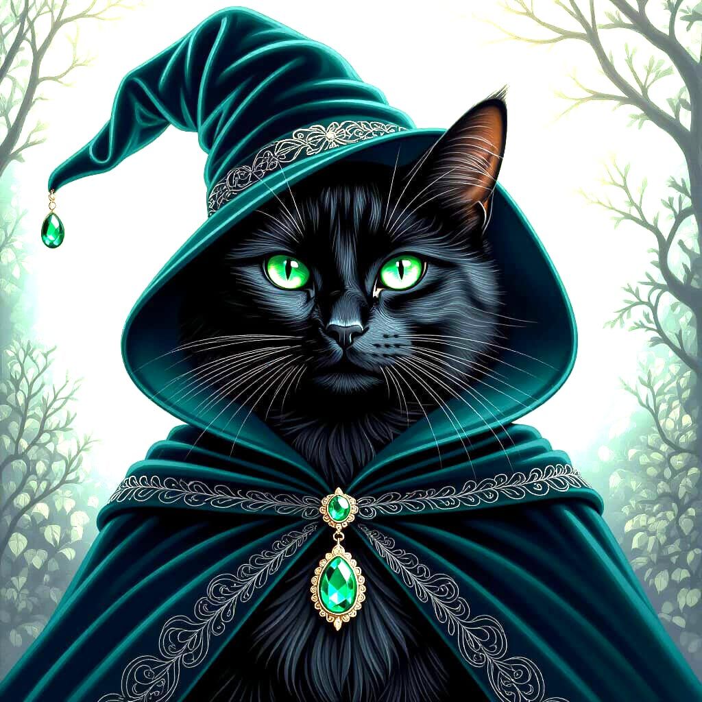 Photorealistic Black Witch Cat with Emerald Eyes