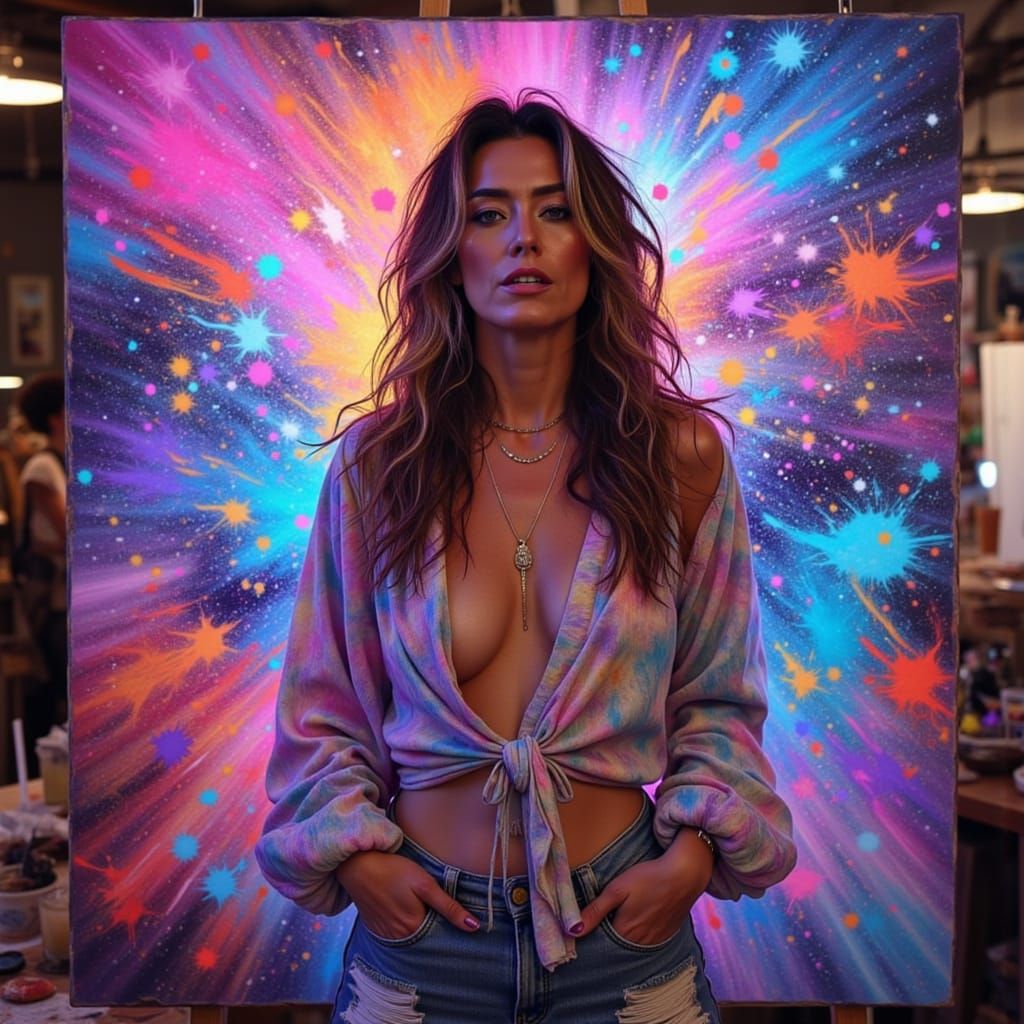 Expressive Portrait of Artist with Abstract Splash Effects