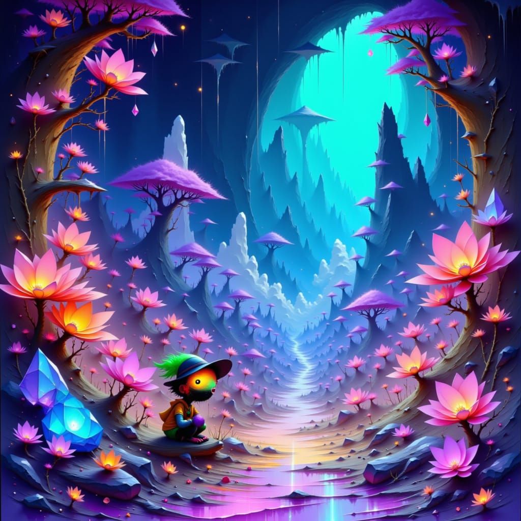 Whimsical Adventurer in Bioluminescent Crystal Cave