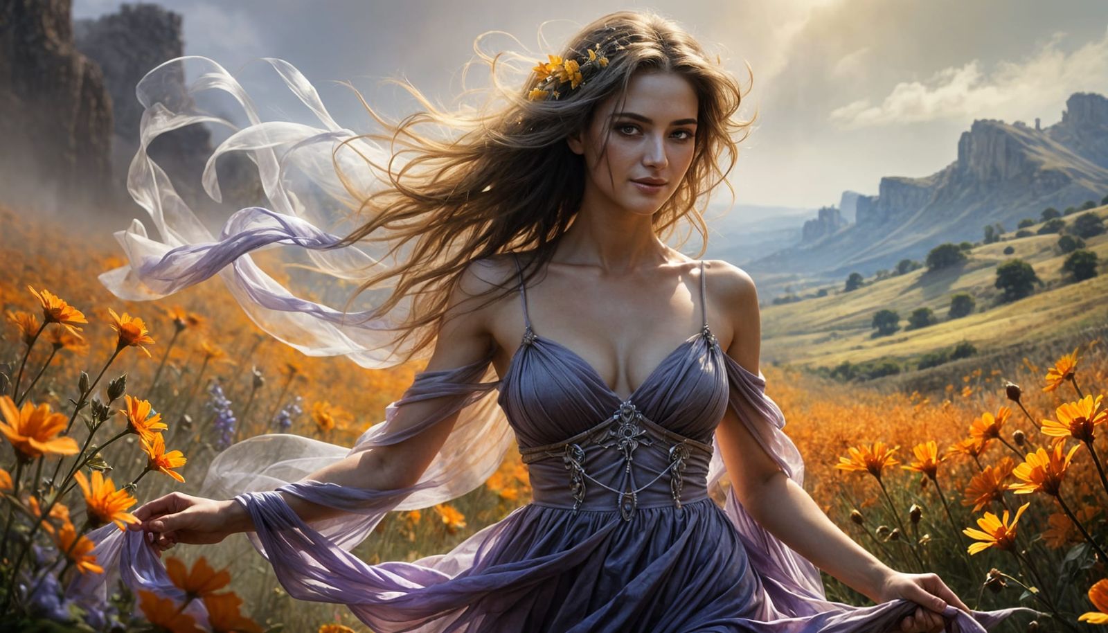 Woman Dancing in Wildflower Field as Digital Painting