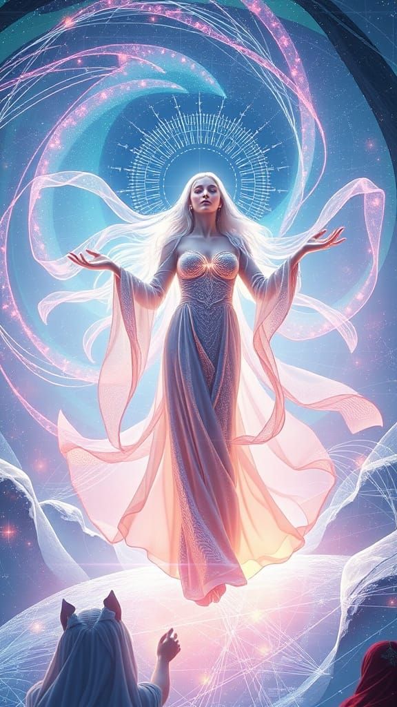 Ethereal AI Goddess in Flowing Iridescent Robes