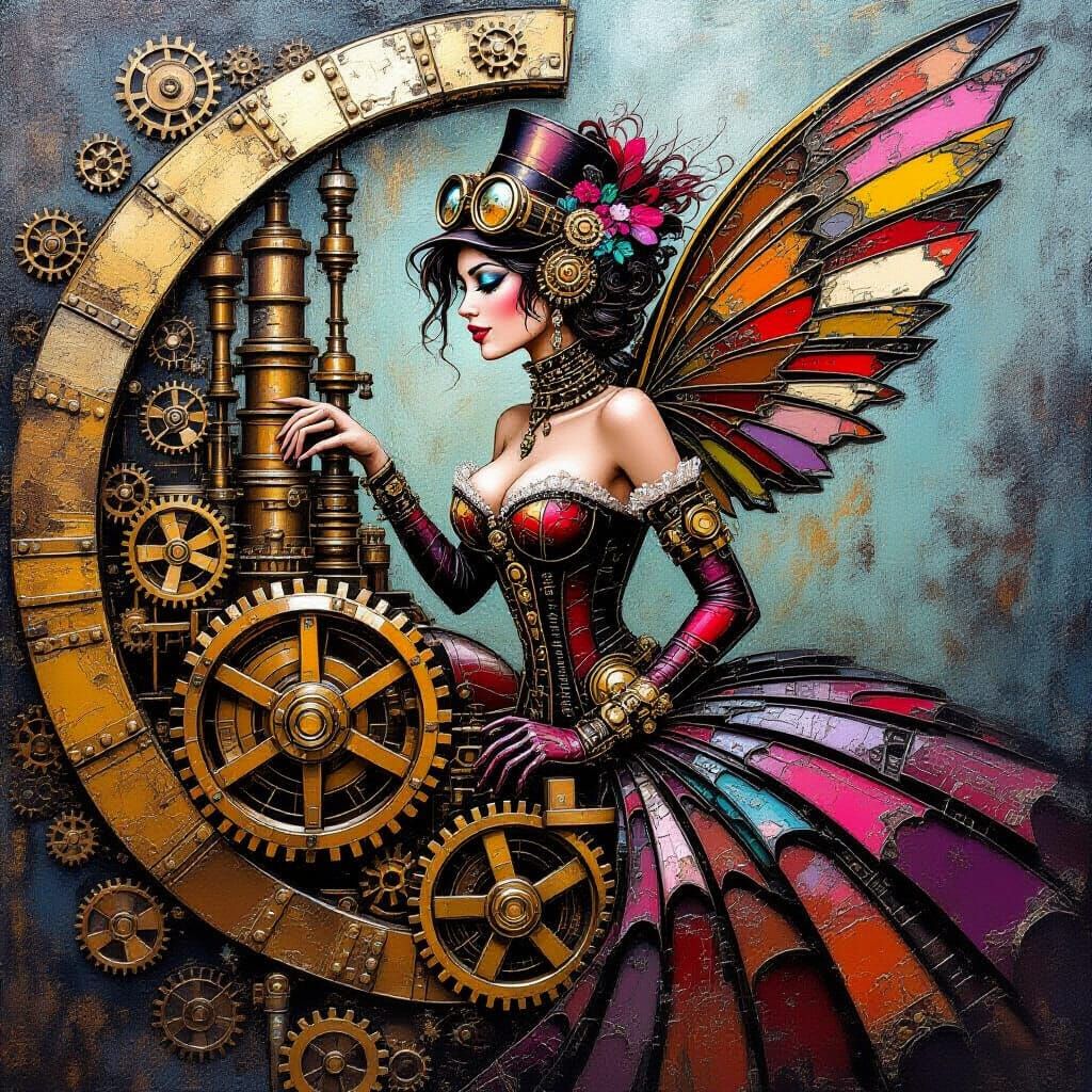 Steampunk Woman in Engine, Metallic Impasto Style