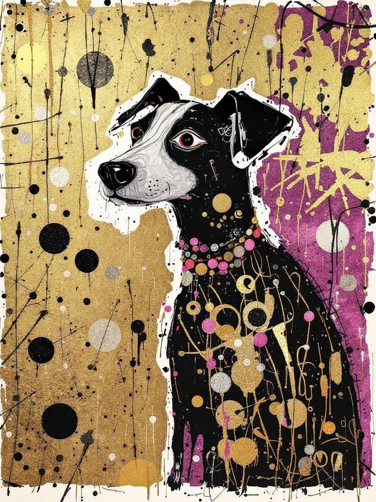 Dog Portrait in Combined Klimt and Basquiat Style