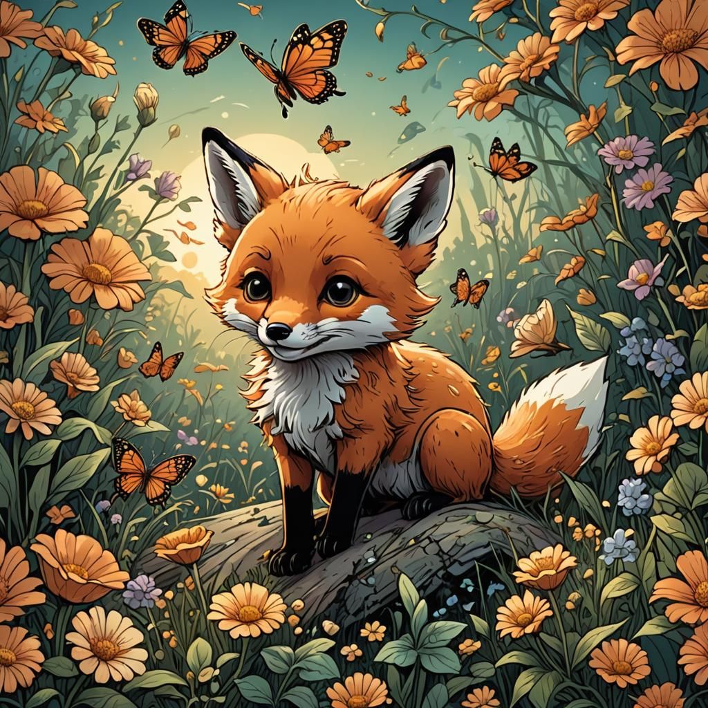 Fox and Butterfly at Sunrise in Comic Book Style