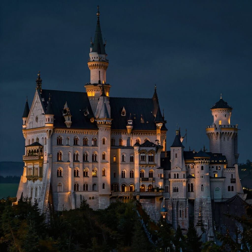 Haunted Castle with Eerie Eyes in Dark Landscape