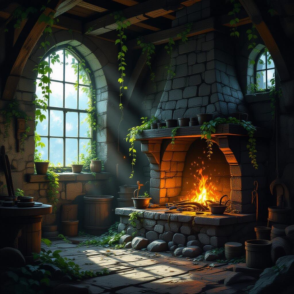 Nature Reclaims Abandoned Forge with Magical Embers