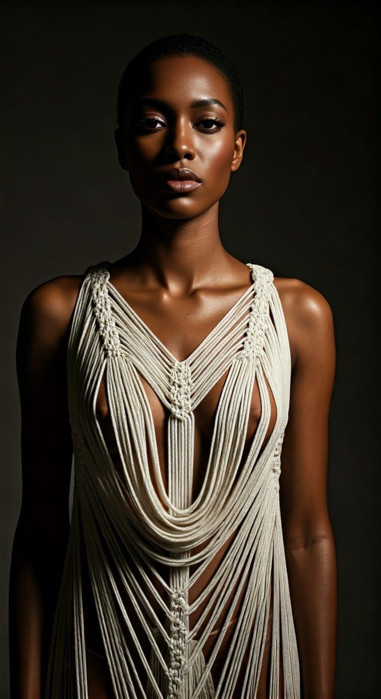 Elegant Black Woman in White String Dress