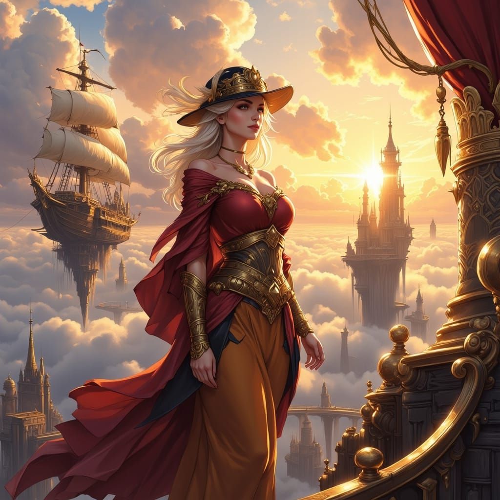 Fantasy Airship Captain on Gilded Vessel