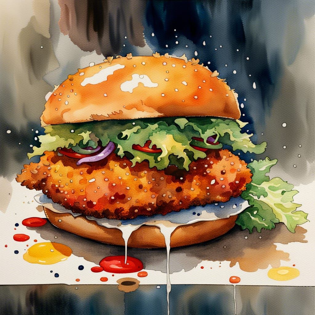 Detailed Watercolor Fried Chicken Sandwich, Ghibli Style