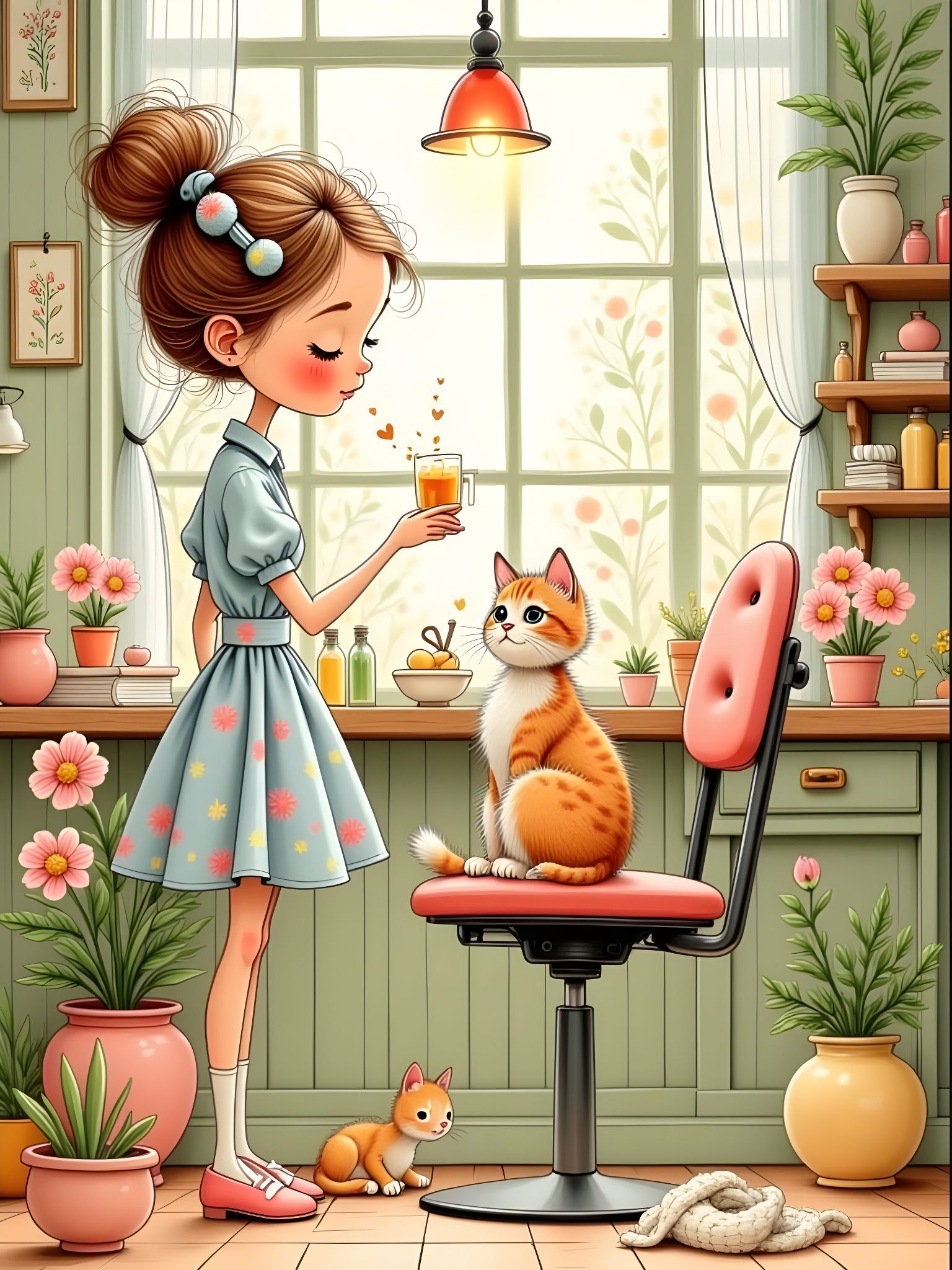 Girl and Cat Wait at Whimsical Hairdresser Shop
