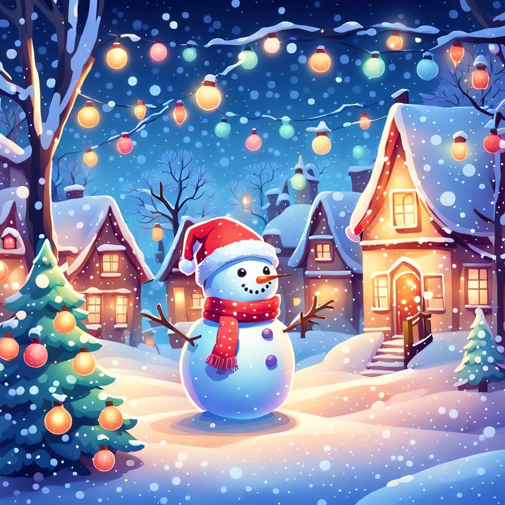Chibi Snowman in Winter Wonderland Illustration