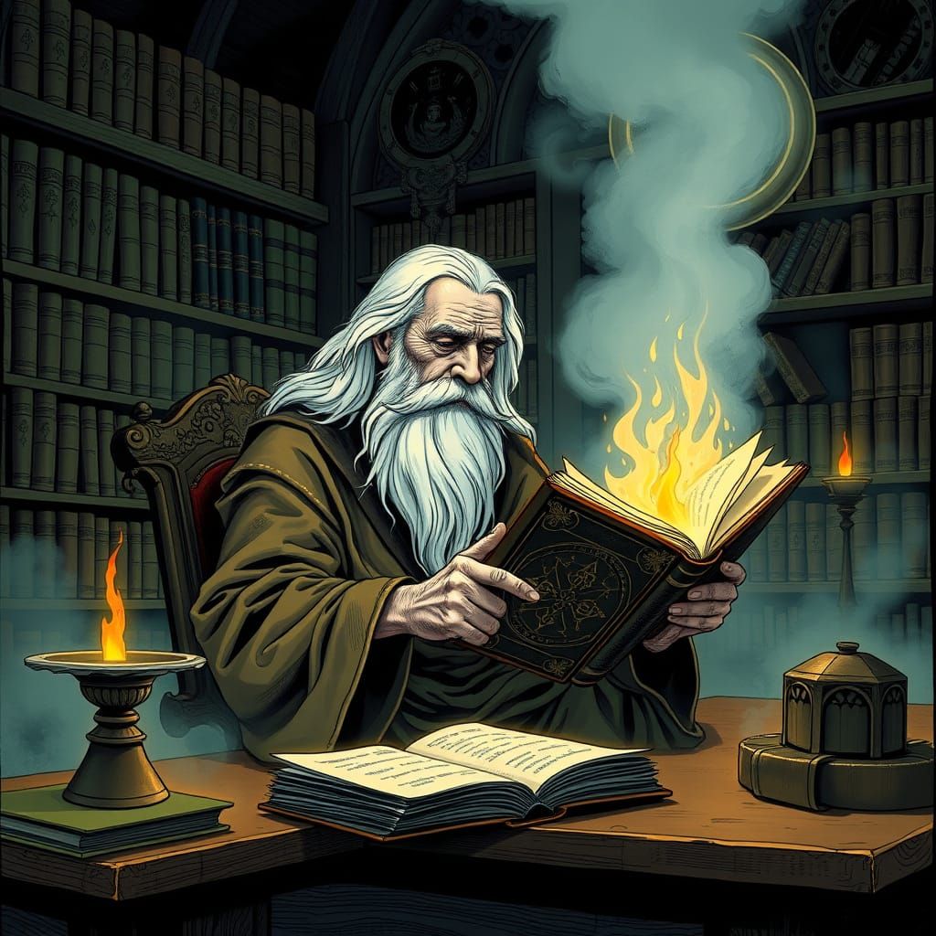 Wizard Reading Spellbook in Ancient Library, Moebius Style