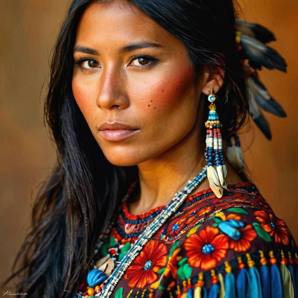 Hyperrealistic Portrait of Stunning Comanche Woman in Vibran...