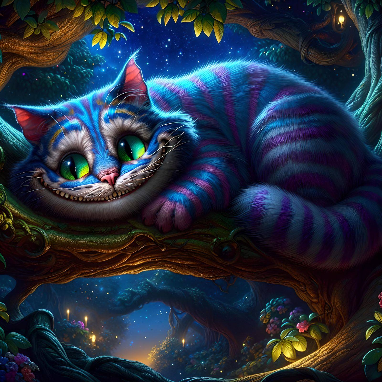 Grinning Cheshire Cat Napping Under Starlit Sky