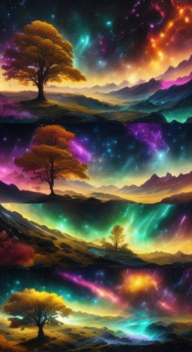 Cosmic Tree Against Shimmering Planet in Vibrant Digital Art