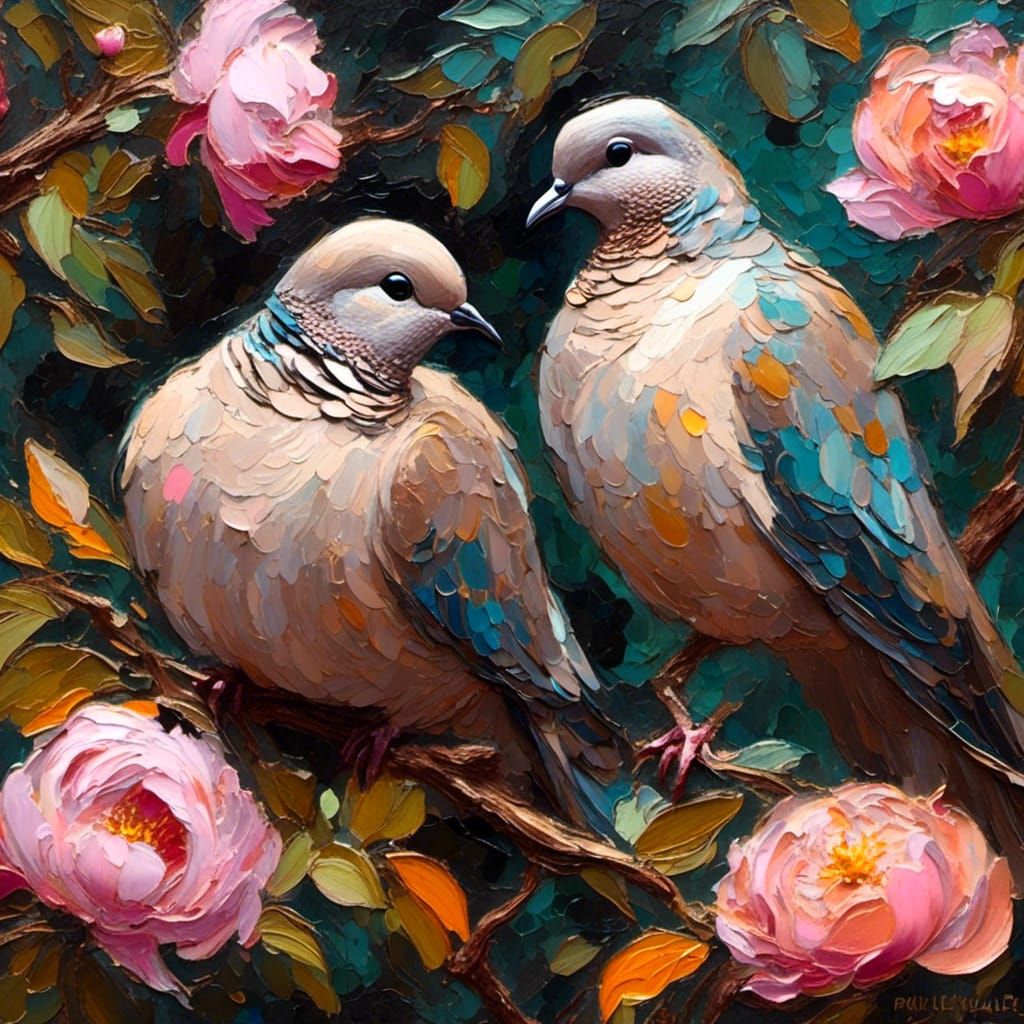 Mourning Doves in Lush Garden, Impasto Oil Painting