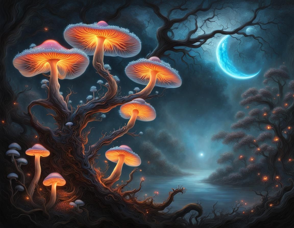 Bioluminescent Flower Wrapped in Flames with Mushrooms