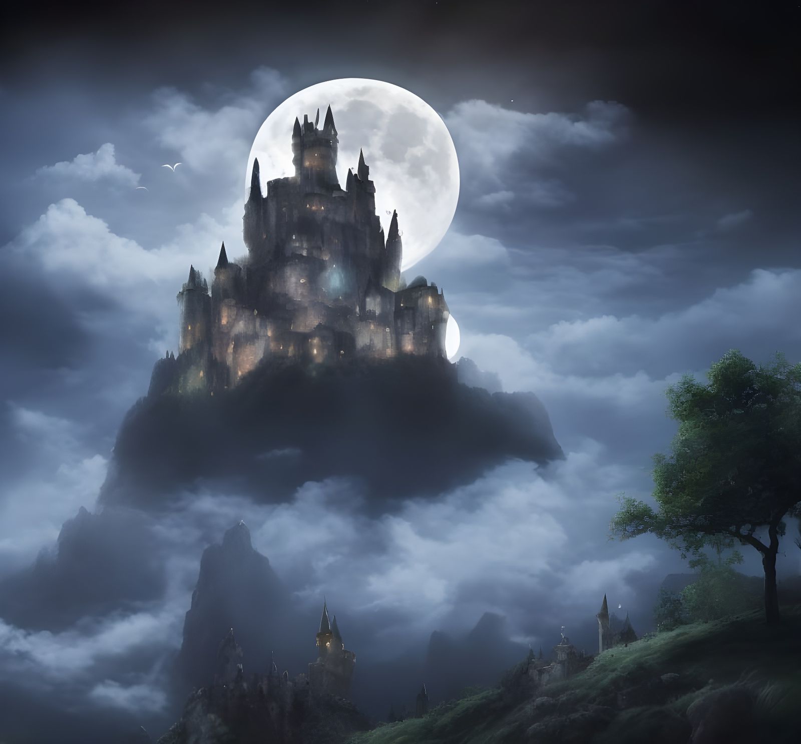 Detailed castle in the sky, raised on a terrain, amongst the clouds, hills and shrubs below the castle, moon behind the ...
