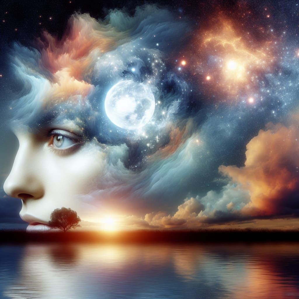 Celestial Woman: A Surreal Blending of Face and Sky