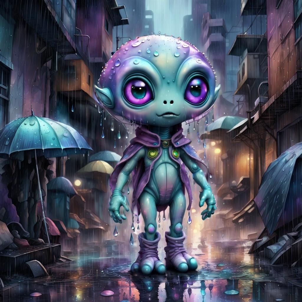 Dystopian City Slums in Rainfall: Digital Watercolor Art