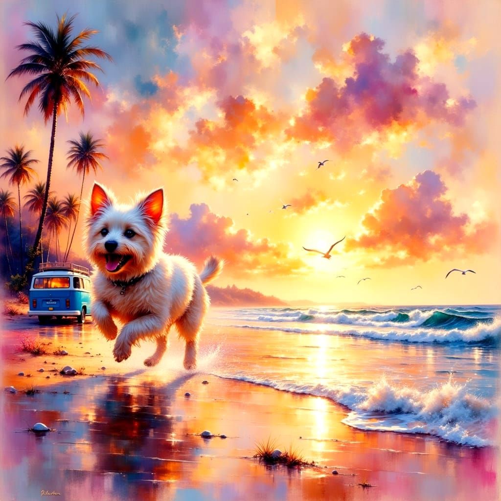 Joyful Dog on Shoreline at Sunset as Impressionist Painting