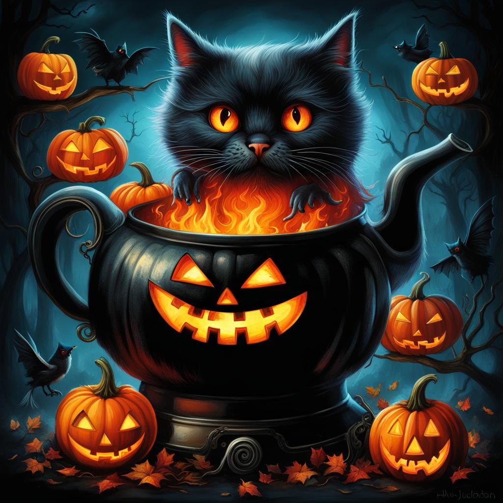 Eerie Halloween Cat in a Quirky Style