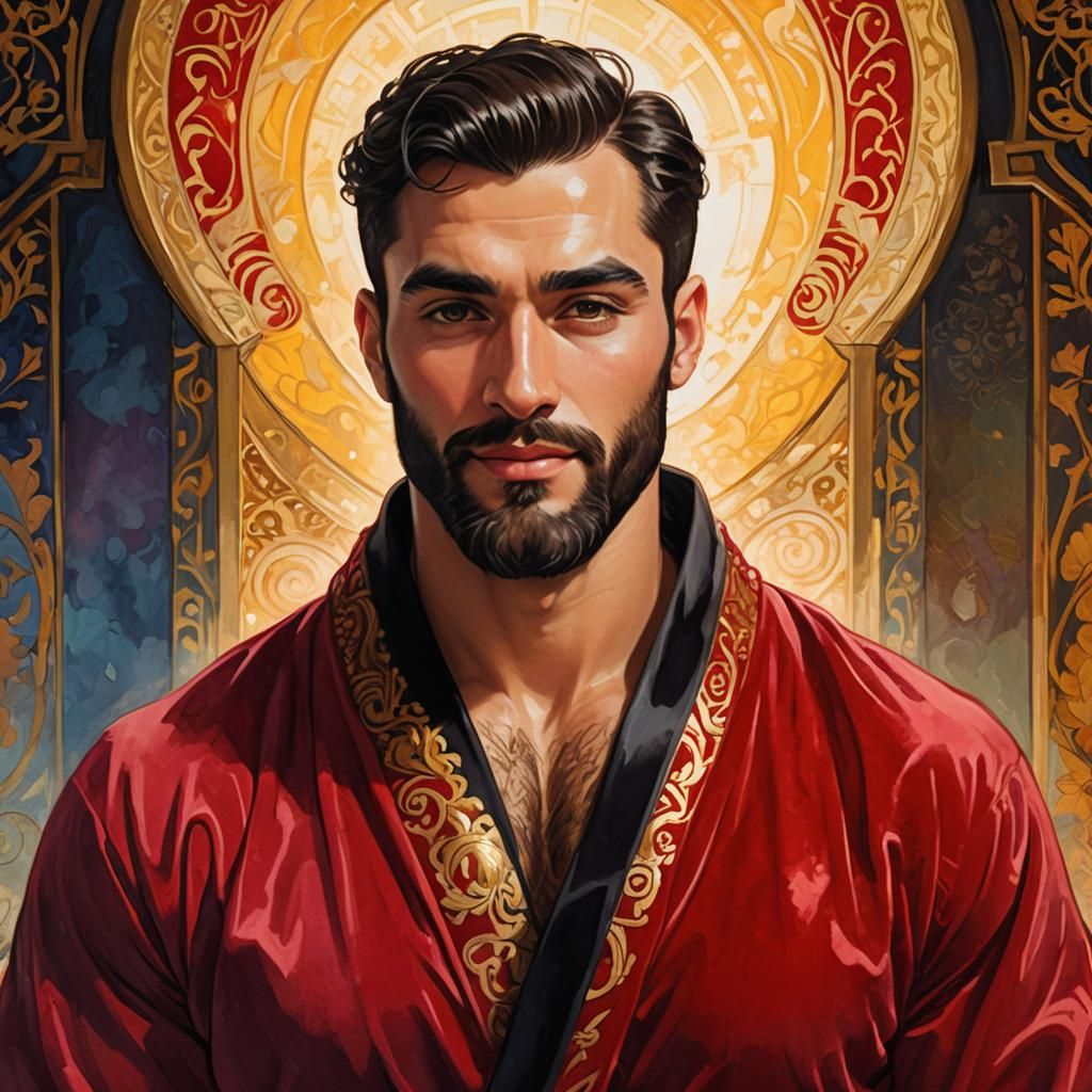 Divine Man in Red Velvet Robe, Art Nouveau Portrait