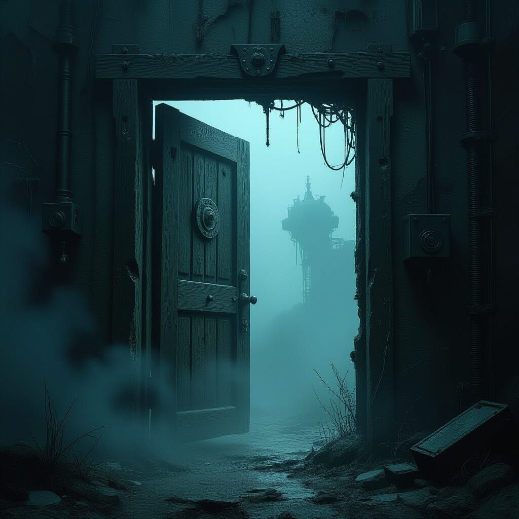 Eerie Wooden Doorway to Foggy Biomechanical World
